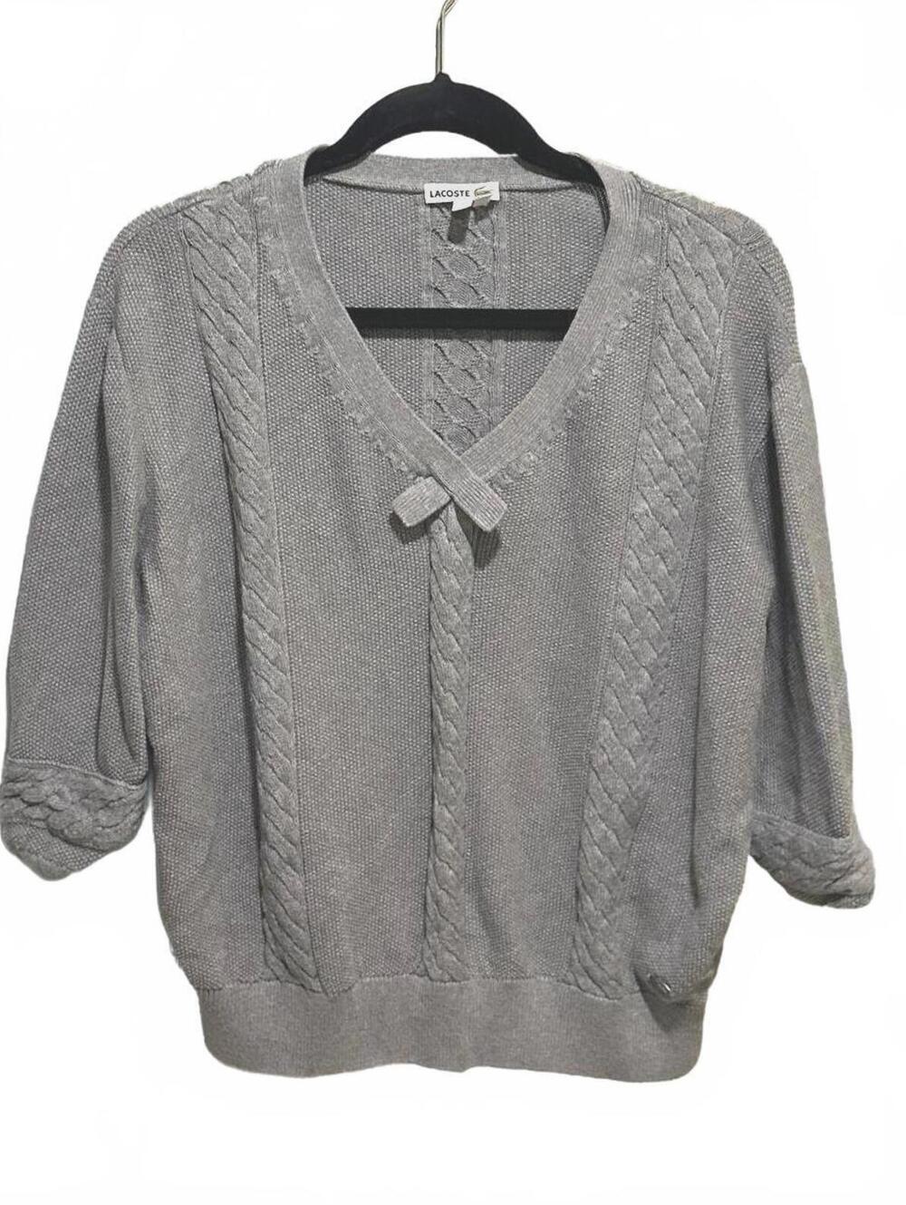 Lacoste Women's Gray Cable Knit Sweater with Bow Detail - sz.44 (xl)